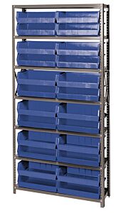 Quantum Qsbu-245Bl Steel Shelving Unit With Open Hopper Style Bins, 12"D-7 Shelf, 24 Qus245 Blue Bins