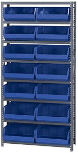 Quantum Qsbu-250Bl Steel Shelving Unit With Open Hopper Style Bins, 12"D-8 Shelf, 14 Qus250 Blue Bins