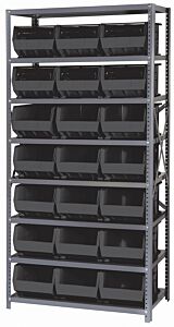 Quantum Qsbu-255Bk Steel Shelving Unit With Open Hopper Style Bins, 18"D-8 Shelf, 21 Qus255 Black Bins