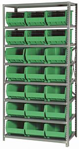 Quantum Qsbu-255Gn Steel Shelving Unit With Open Hopper Style Bins, 18"D-8 Shelf, 21 Qus255 Green Bins