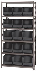 Quantum Qsbu-260Bk Steel Shelving Unit With Open Hopper Style Bins, 18"D-6 Shelf, 15 Qus260 Black Bins