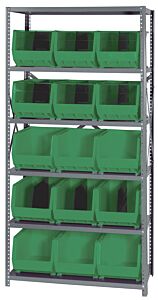 Quantum Qsbu-260Gn Steel Shelving Unit With Open Hopper Style Bins, 18"D-6 Shelf, 15 Qus260 Green Bins