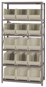 Quantum Qsbu-260Iv Steel Shelving Unit With Open Hopper Style Bins, 18"D-6 Shelf, 15 Qus260 Ivory Bins