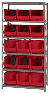 Quantum Qsbu-260Rd Steel Shelving Unit With Open Hopper Style Bins, 18"D-6 Shelf, 15 Qus260 Red Bins