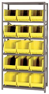 Quantum Qsbu-260Yl Steel Shelving Unit With Open Hopper Style Bins, 18"D-6 Shelf, 15 Qus260 Yellow Bins