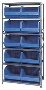 Quantum Qsbu-270Bl Steel Shelving Unit With Open Hopper Style Bins, 18"D-6 Shelf, 10 Qus270 Blue Bins