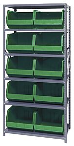 Quantum Qsbu-270Gn Steel Shelving Unit With Open Hopper Style Bins, 18"D-6 Shelf, 10 Qus270 Green Bins