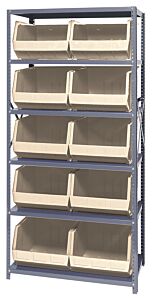 Quantum Qsbu-270Iv Steel Shelving Unit With Open Hopper Style Bins, 18"D-6 Shelf, 10 Qus270 Ivory Bins