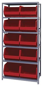 Quantum Qsbu-270Rd Steel Shelving Unit With Open Hopper Style Bins, 18"D-6 Shelf, 10 Qus270 Red Bins