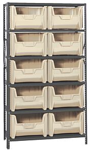 Quantum Qsbu-700Iv Steel Shelving Unit With Open Hopper Style Bins, 16"D-6 Shelf, 10 Qgh700 Ivory Bins