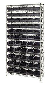 Quantum Wr12-102Bk Wire Shelving Unit With Shelf Bins, 12"W X 36"L X 74"H, 12 Shelves, 55 Qsb102 Black Bins