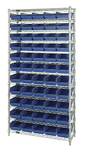 Quantum Wr12-102Bl Wire Shelving Unit With Shelf Bins, 12"W X 36"L X 74"H, 12 Shelves, 55 Qsb102 Blue Bins