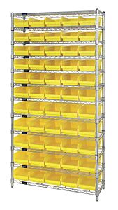 Quantum Wr12-102Yl Wire Shelving Unit With Shelf Bins, 12"W X 36"L X 74"H, 12 Shelves, 55 Qsb102 Yellow Bins