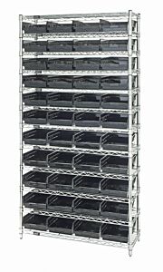 Quantum Wr12-107Bk Wire Shelving Unit With Shelf Bins, 12"W X 36"L X 74"H, 12 Shelves, 44 Qsb107 Black Bins