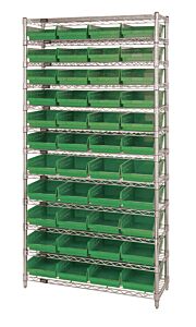 Quantum Wr12-107Gn Wire Shelving Unit With Shelf Bins, 12"W X 36"L X 74"H, 12 Shelves, 44 Qsb107 Green Bins