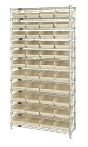Quantum Wr12-107Iv Wire Shelving Unit With Shelf Bins, 12"W X 36"L X 74"H, 12 Shelves, 44 Qsb107 Ivory Bins