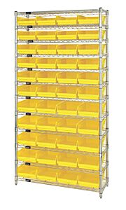 Quantum Wr12-107Yl Wire Shelving Unit With Shelf Bins, 12"W X 36"L X 74"H, 12 Shelves, 44 Qsb107 Yellow Bins