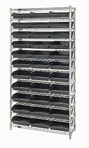 Quantum Wr12-109Bk Wire Shelving Unit With Shelf Bins, 12"W X 36"L X 74"H, 12 Shelves, 33 Qsb109 Black Bins
