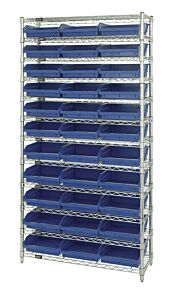 Quantum Wr12-109Bl Wire Shelving Unit With Shelf Bins, 12"W X 36"L X 74"H, 12 Shelves, 33 Qsb109 Blue Bins