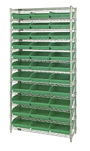 Quantum Wr12-109Gn Wire Shelving Unit With Shelf Bins, 12"W X 36"L X 74"H, 12 Shelves, 33 Qsb109 Green Bins