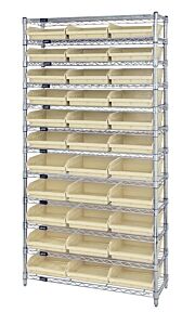 Quantum Wr12-109Iv Wire Shelving Unit With Shelf Bins, 12"W X 36"L X 74"H, 12 Shelves, 33 Qsb109 Ivory Bins