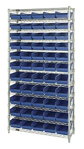 Quantum Wr12-104Bl Wire Shelving Unit With Shelf Bins, 18"W X 36"L X 74"H, 12 Shelves, 55 Qsb104 Blue Bins