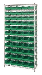 Quantum Wr12-104Gn Wire Shelving Unit With Shelf Bins, 18"W X 36"L X 74"H, 12 Shelves, 55 Qsb104 Green Bins