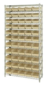 Quantum Wr12-104Iv Wire Shelving Unit With Shelf Bins, 18"W X 36"L X 74"H, 12 Shelves, 55 Qsb104 Ivory Bins