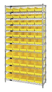 Quantum Wr12-104Yl Wire Shelving Unit With Shelf Bins, 18"W X 36"L X 74"H, 12 Shelves, 55 Qsb104 Yellow Bins