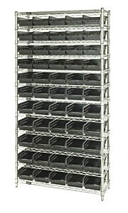 Quantum Wr12-106Bk Wire Shelving Unit With Shelf Bins, 24"W X 36"L X 74"H, 12 Shelves, 55 Qsb106 Black Bins