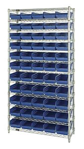 Quantum Wr12-106Bl Wire Shelving Unit With Shelf Bins, 24"W X 36"L X 74"H, 12 Shelves, 55 Qsb106 Blue Bins