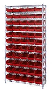 Quantum Wr12-106Rd Wire Shelving Unit With Shelf Bins, 24"W X 36"L X 74"H, 12 Shelves, 55 Qsb106 Red Bins