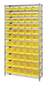 Quantum Wr12-106Yl Wire Shelving Unit With Shelf Bins, 24"W X 36"L X 74"H, 12 Shelves, 55 Qsb106 Yellow Bins