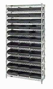 Quantum Wr12-116Bk Wire Shelving Unit With Shelf Bins, 24"W X 36"L X 74"H, 12 Shelves, Wr12-116 Black Bins