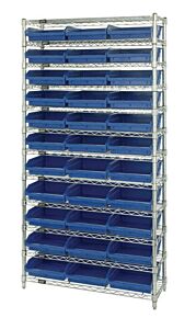 Quantum Wr12-116Bl Wire Shelving Unit With Shelf Bins, 24"W X 36"L X 74"H, 12 Shelves, Wr12-116 Blue Bins