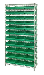 Quantum Wr12-116Gn Wire Shelving Unit With Shelf Bins, 24"W X 36"L X 74"H, 12 Shelves, Wr12-116 Green Bins