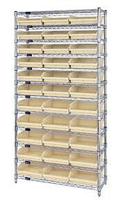 Quantum Wr12-116Iv Wire Shelving Unit With Shelf Bins, 24"W X 36"L X 74"H, 12 Shelves, Wr12-116 Ivory Bins