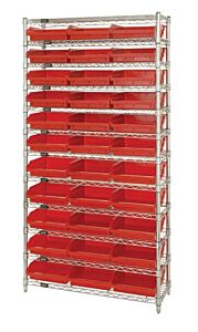 Quantum Wr12-116Rd Wire Shelving Unit With Shelf Bins, 24"W X 36"L X 74"H, 12 Shelves, Wr12-116 Red Bins
