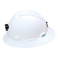 Msa 815009 V-Gard Slotted Full-Brim Hat, White W/Lamp Bracket And Cord Holder, Fas-Trac Iii Suspension