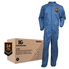 Kleenguard 58504 A20 Coveralls, Zipper Front & Elastic Back, Wrists & Ankles, Blue, Size X-Large, Case Of 24/Ea