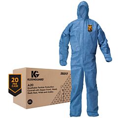 Kleenguard 58517 A20 Coveralls, Hood, Zipper Front & Elastic Back, Wrists & Ankles, Blue, Size 4X-Large, Case Of 20/Ea