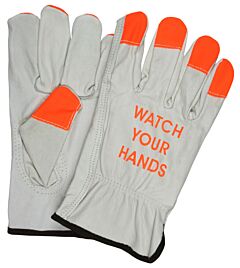 Mcr Safety 3215Hvis Gloves, Economy Grade Cow Grain Driver, Hi Vis Orange Fingertips, "Watch Your Hands" Logo, Size Small, Pack Of 12 Pairs