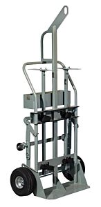 Justrite 35022 Double Cylinder Hand Truck With Hoist Ring, 10.5 Inch Pneumatic Wheels, Rear Casters And Tool Tray