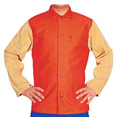 Weldas 33-6744M Cool Flame Retardant 30"-32" Jacket, Cotton With Leather Sleeves, Safety Orange, Size Medium, 1/Each
