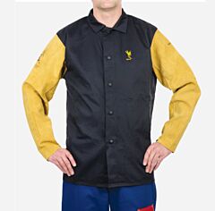Weldas 33-8060L Cool Flame Retardant 30"-32" Jacket, Cotton With Leather Sleeves, Navy With Tan, Size Large, 1/Each