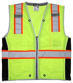 Mcr Safety Survcl2Lm Safety Vest, Class 2, Surveyor, Mesh, 2" Silver/Orange Stripe, Black Side Panels, Lime, Size Medium