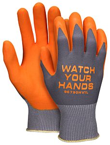 Mcr Safety 96790Hvil Gloves, “Watch Your Hands”, Hi Vis Orange Nitrile Foam Dipped Palm And Fingertips, Ansi Abrasion 4,, Size Large