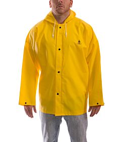 Tingley J56107.5X Durascrim Yellow Rain Jacket, Storm Fly Front, Attached Hood, Size: 5X-Large
