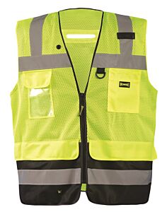 Occunomix Lux-Ltgcsbk-Ys Black Bottom Mesh Surveyor Vest With Zipper, Yellow, Size Small