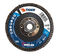 Weiler 50699 Tiger Premium Flap Discs, 4 1/2 In Dia, 120 Grit, 5/8 In-11 Arbor, 13000 Rpm